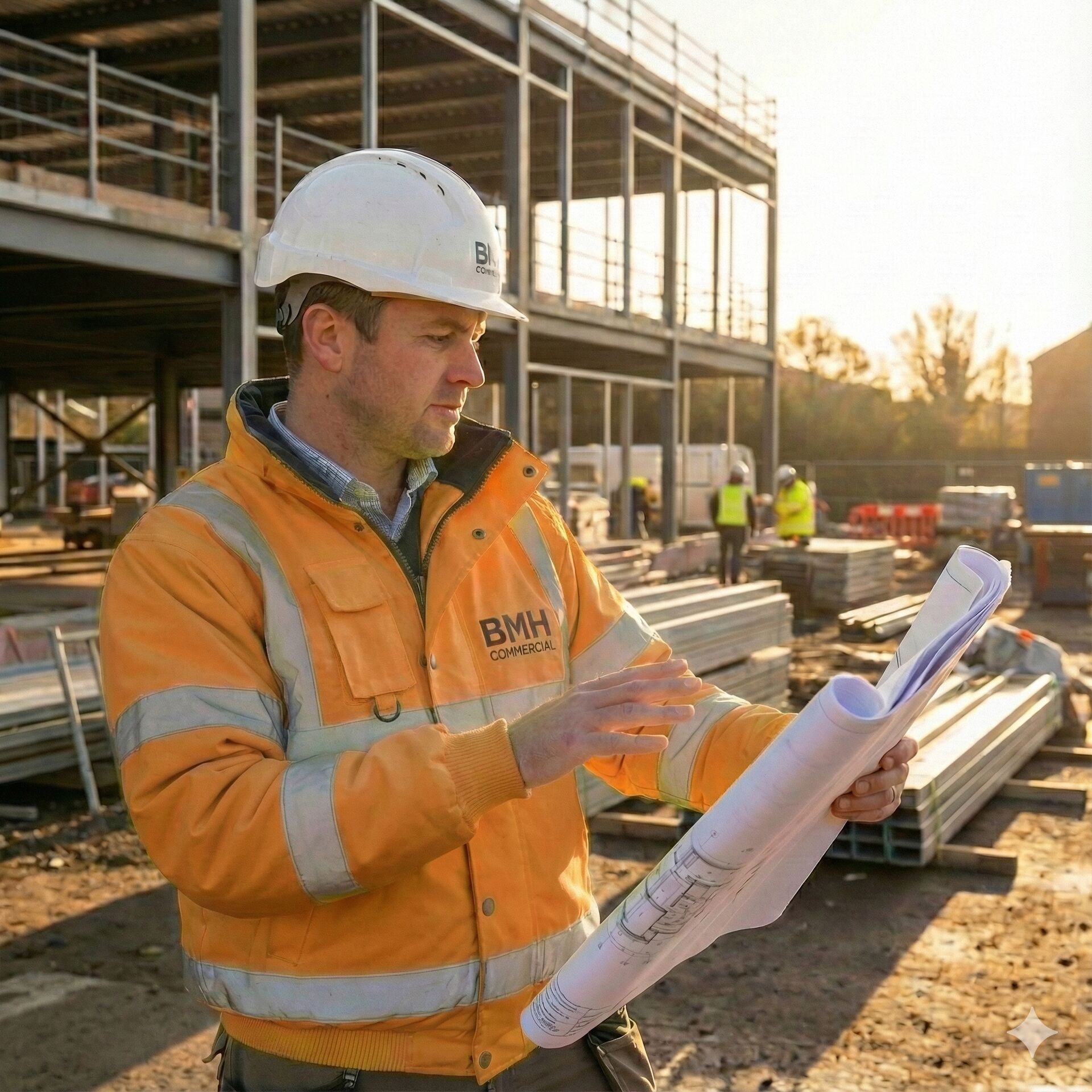 Construction team reviewing plans on site